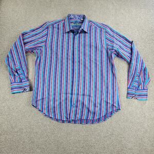 Robert Graham‎ Embroidered Dress Shirt Mens XL Blue Red Stripes Paisley Cuffs